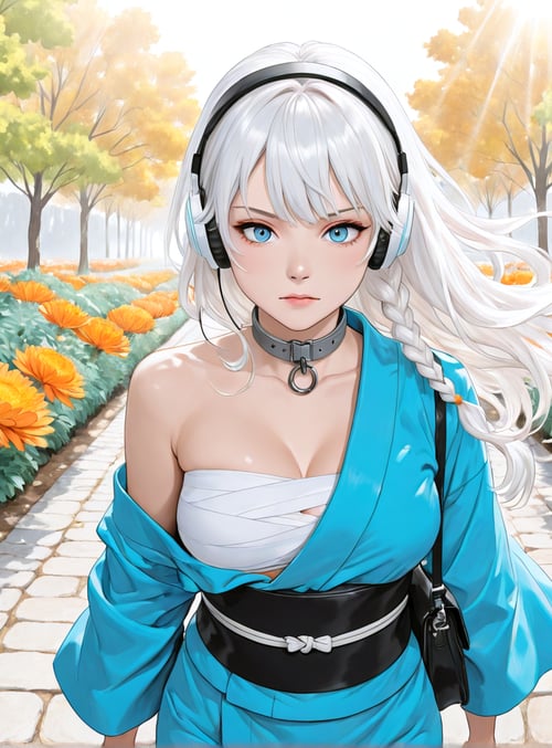 girl, headphones, flowers, trees, pathway, choker, blue outfit, braid