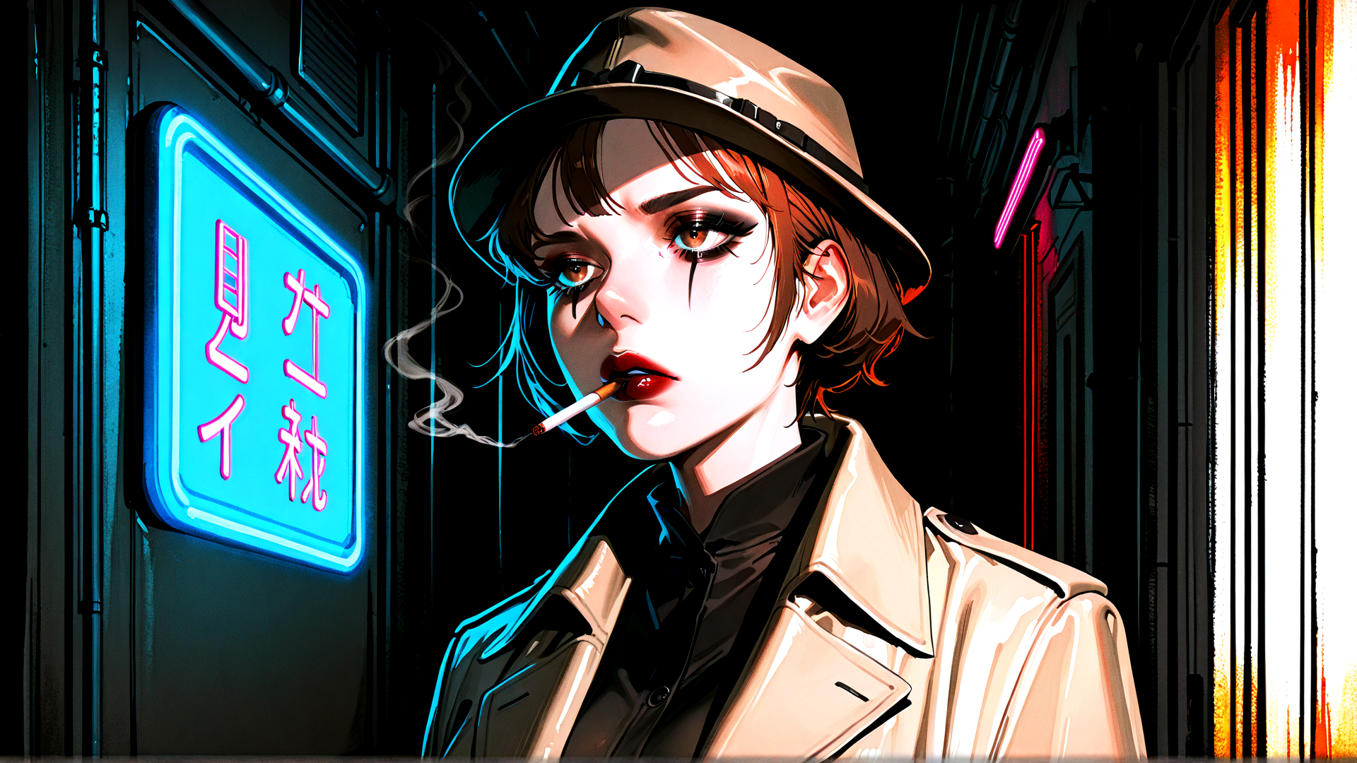 AI generated wallpaper featuring woman, hat, cigarette, coat, neon sign