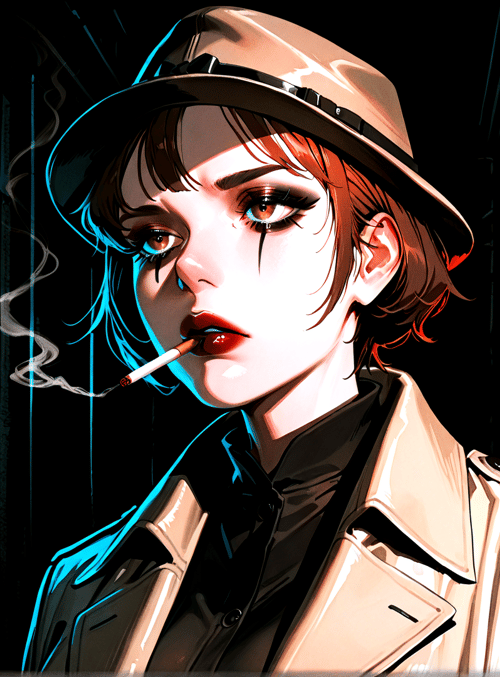 woman, hat, cigarette, coat, neon sign