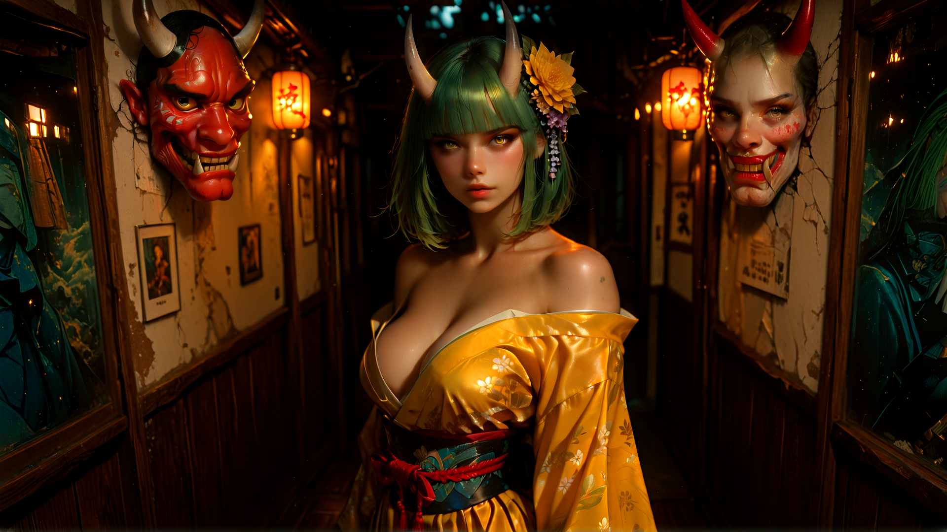 AI generated wallpaper featuring woman, devil, horn, kimono, lantern, wall, painting, mask, corridor, flower