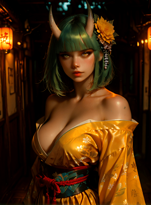 woman, devil, horn, kimono, lantern, wall, painting, mask, corridor, flower