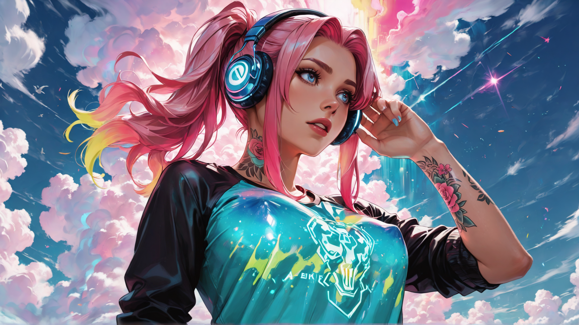 AI generated wallpaper featuring woman, headphones, tattoo, hair, shirt, clouds, sky