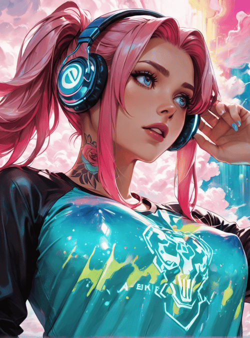 woman, headphones, tattoo, hair, shirt, clouds, sky