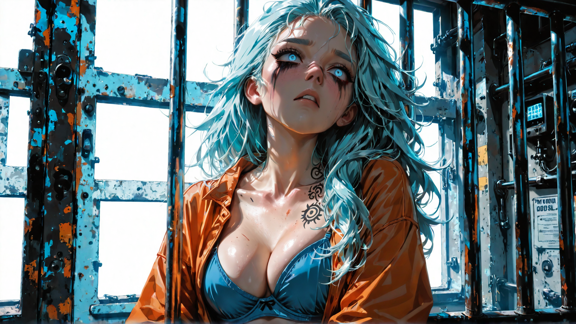 AI generated wallpaper featuring woman, blue hair, tattoo, orange jacket, blue bra