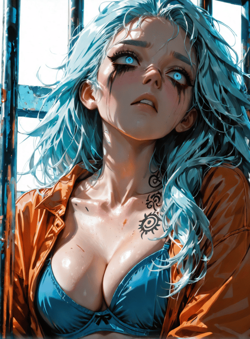 woman, blue hair, tattoo, orange jacket, blue bra