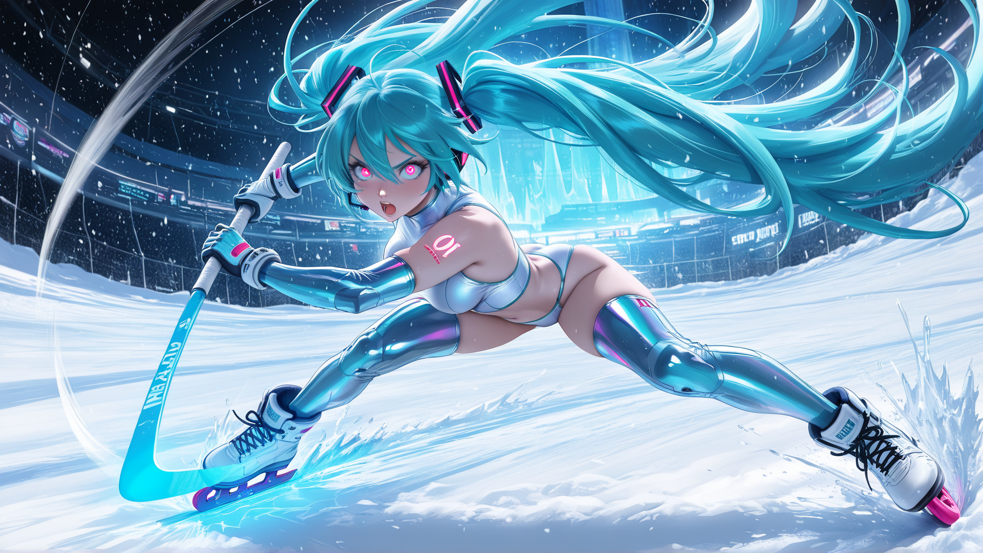AI generated wallpaper featuring character, skater, hockey, cyber, futuristic, anime, ice, figure, sledding, sports