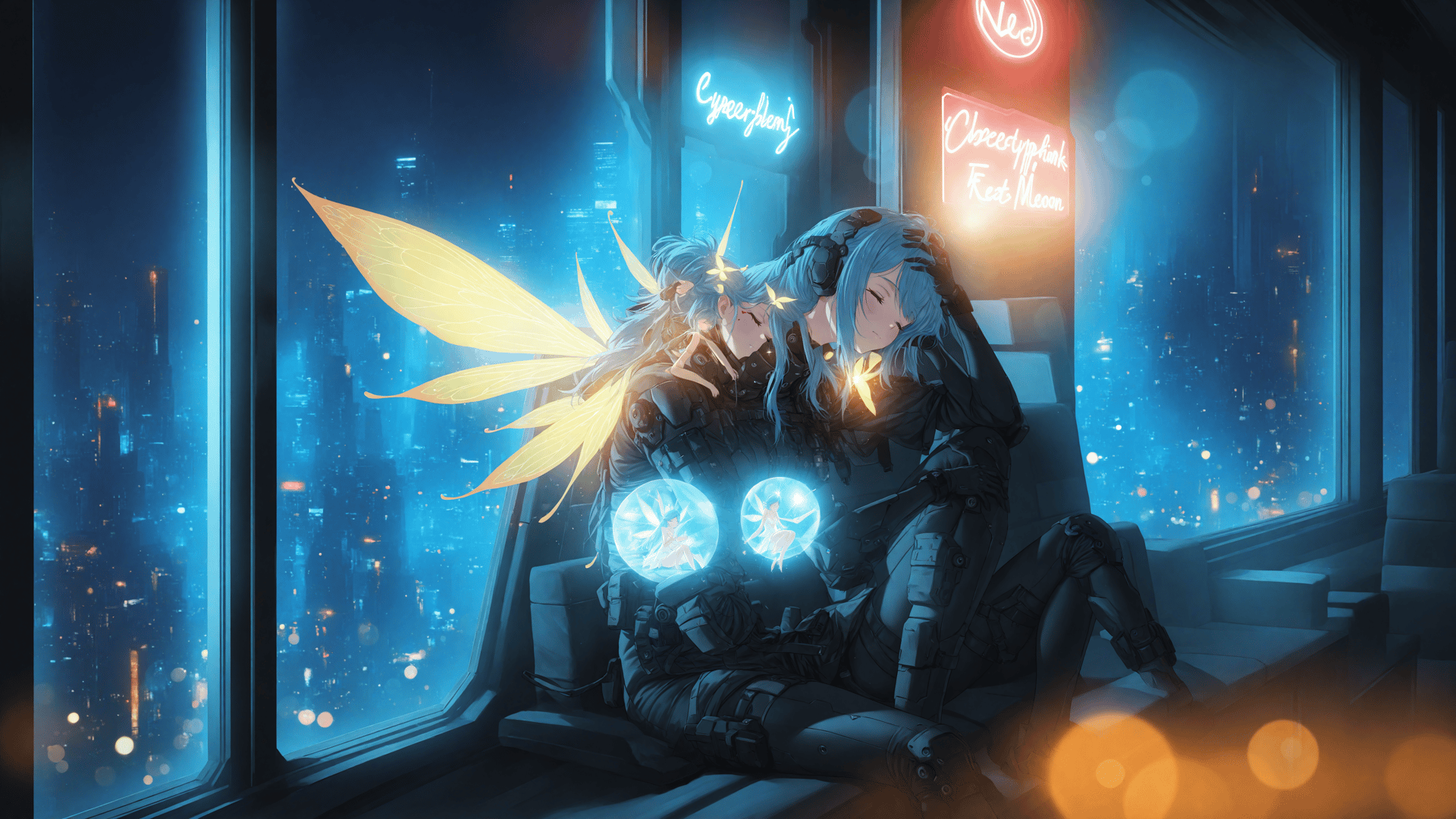 AI generated wallpaper featuring fairy, cyborg, anime girl