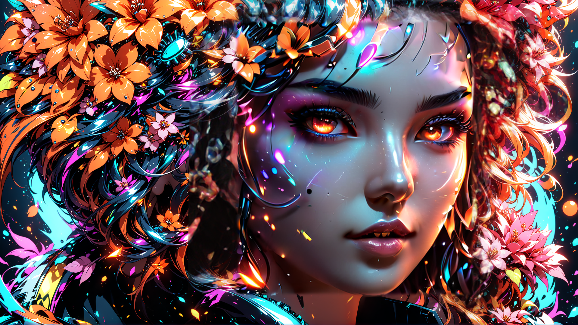 AI generated wallpaper featuring woman, flowers, neon