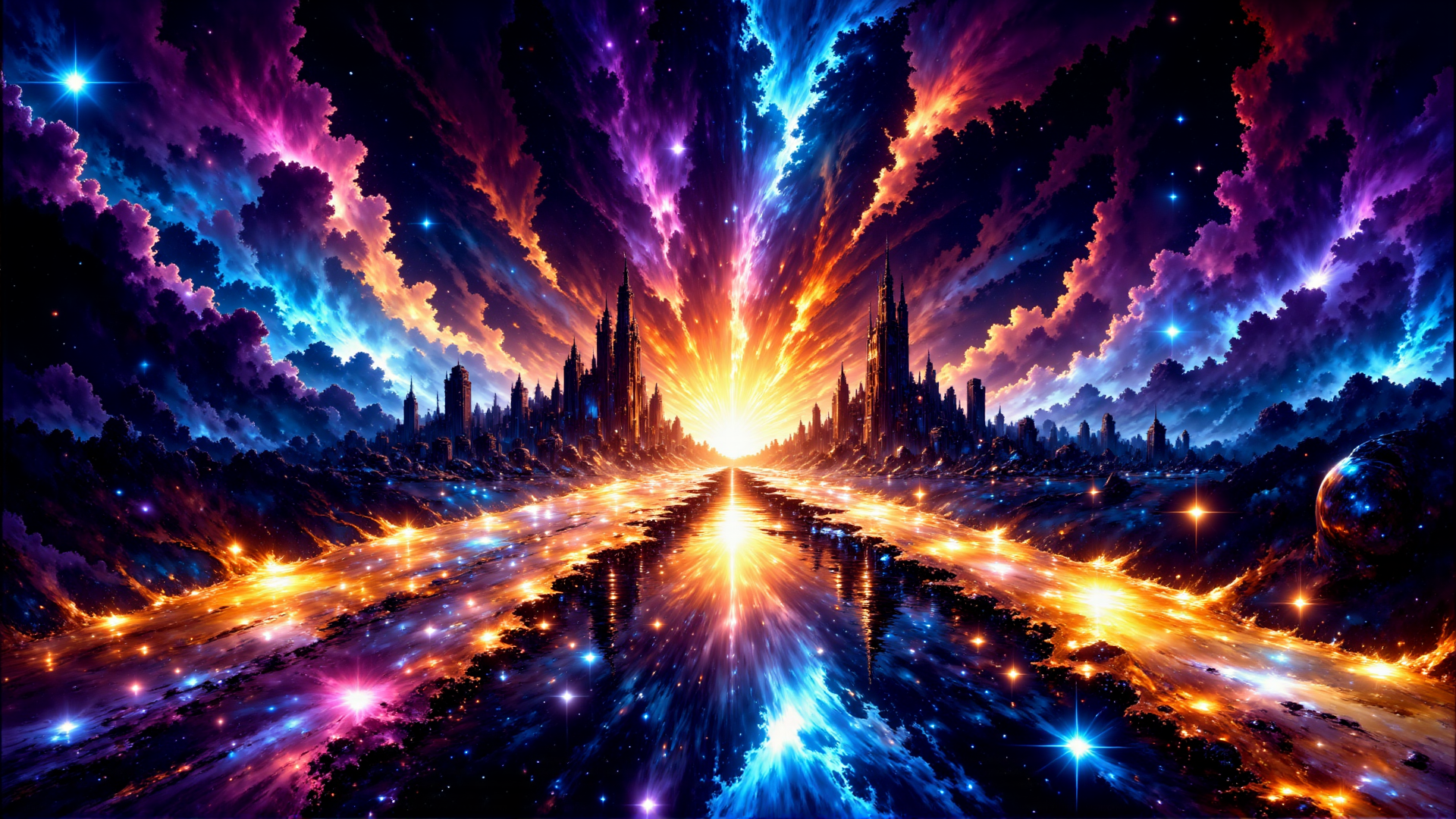 AI generated wallpaper featuring city, sky, river, clouds, stars, buildings, light