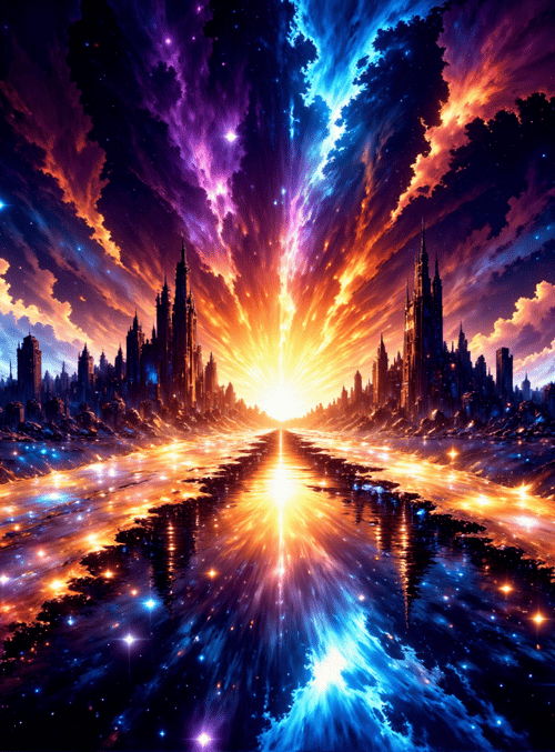 city, sky, river, clouds, stars, buildings, light