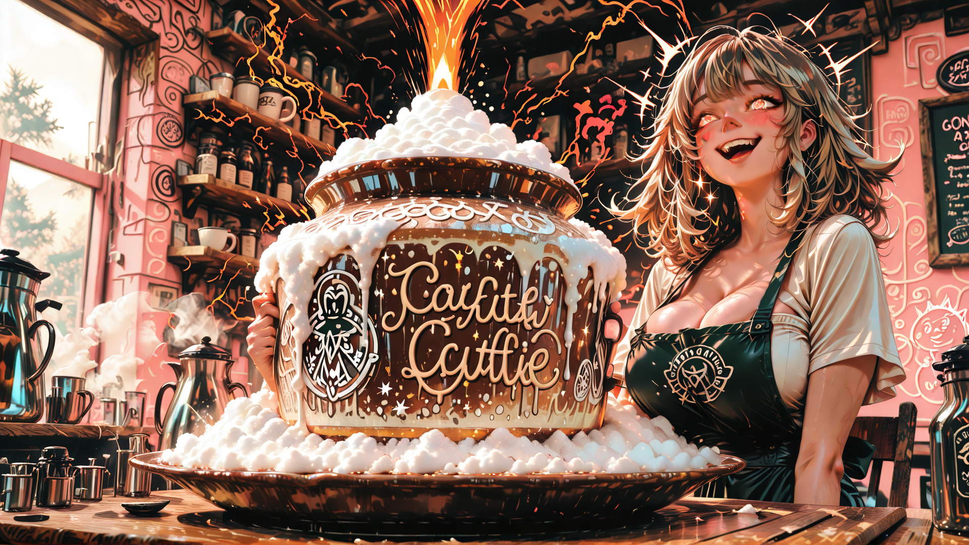AI generated wallpaper featuring woman, cauldron, coffee, cafe, apron, mug, bottle, sparkle, foam, stove