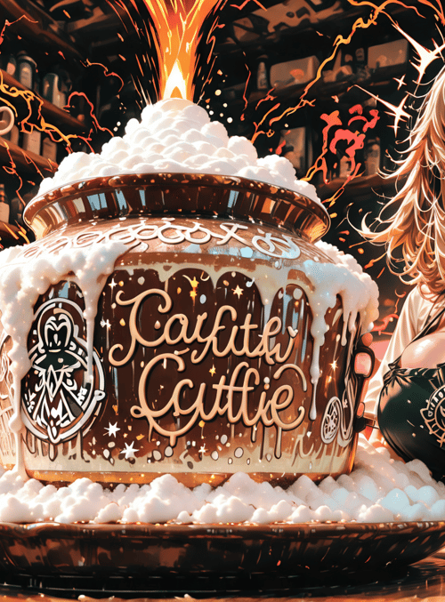 woman, cauldron, coffee, cafe, apron, mug, bottle, sparkle, foam, stove