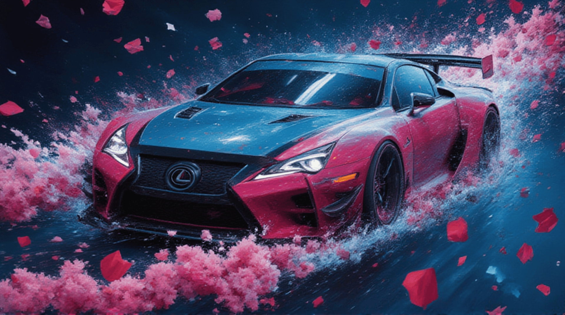 AI generated wallpaper featuring car, lexus, pink petals, water, red petals, splashes