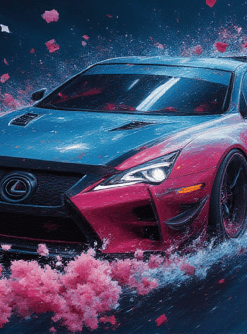 car, lexus, pink petals, water, red petals, splashes