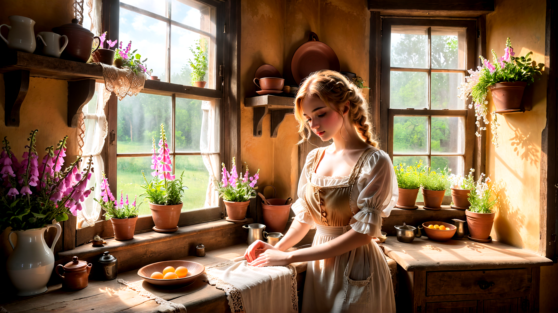 AI generated wallpaper featuring woman, kitchen, flowers, pots, window, table, eggs, dress, plants, cups
