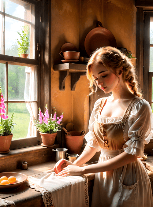 woman, kitchen, flowers, pots, window, table, eggs, dress, plants, cups