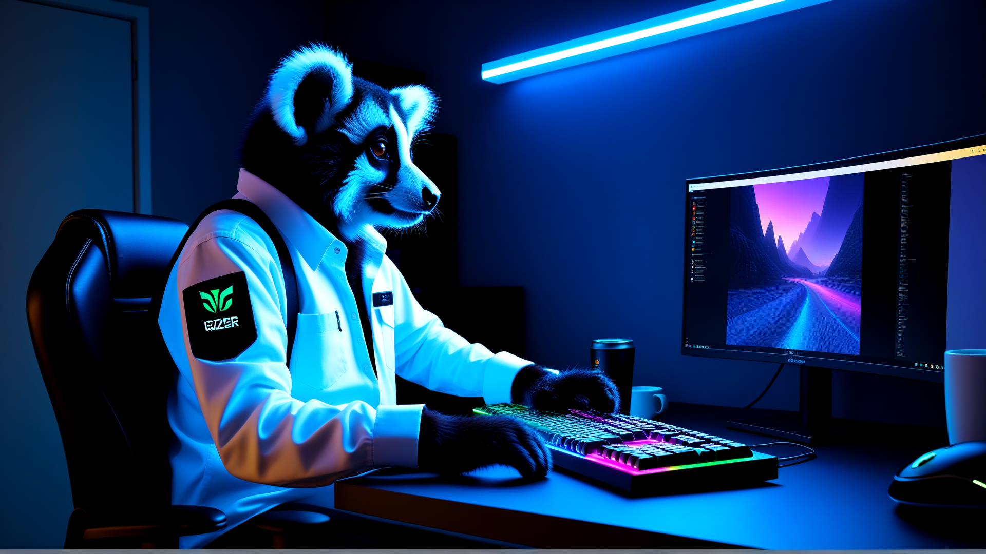AI generated wallpaper featuring badger, gamer, keyboard, monitor, chair, cup, mouse, desk