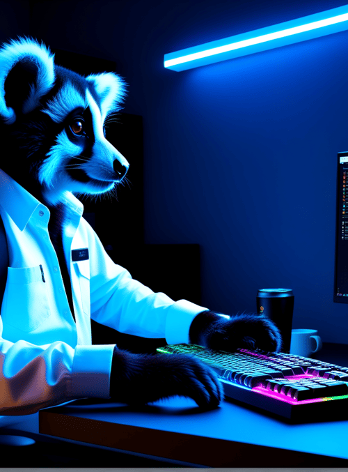 badger, gamer, keyboard, monitor, chair, cup, mouse, desk