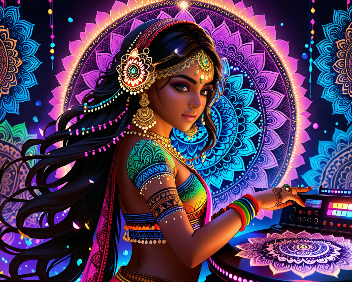 AI generated wallpaper featuring woman, dj, mandala