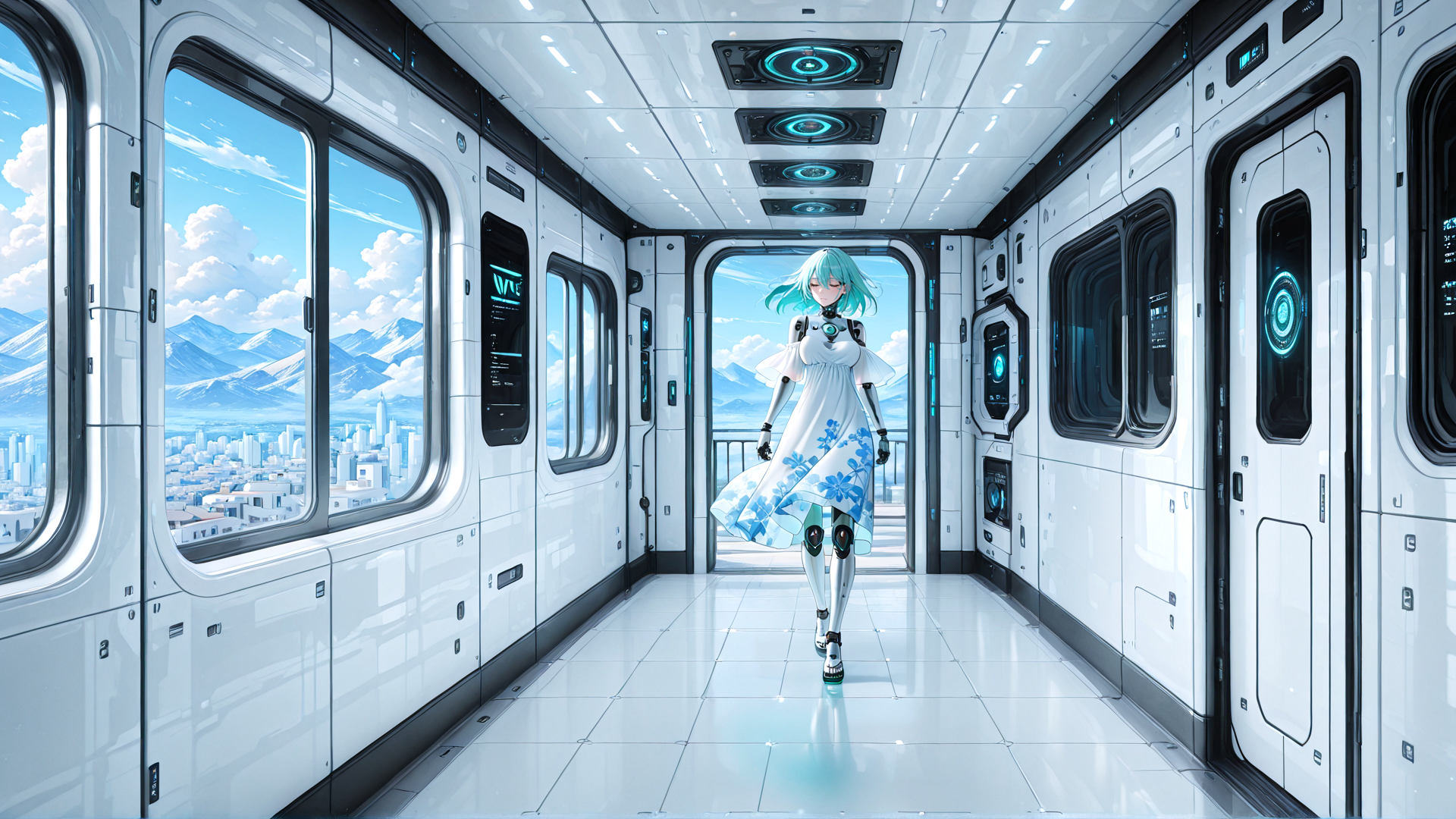AI generated wallpaper featuring cyborg, girl, train, window, mountain, cityscape, dress, robot, corridor, door