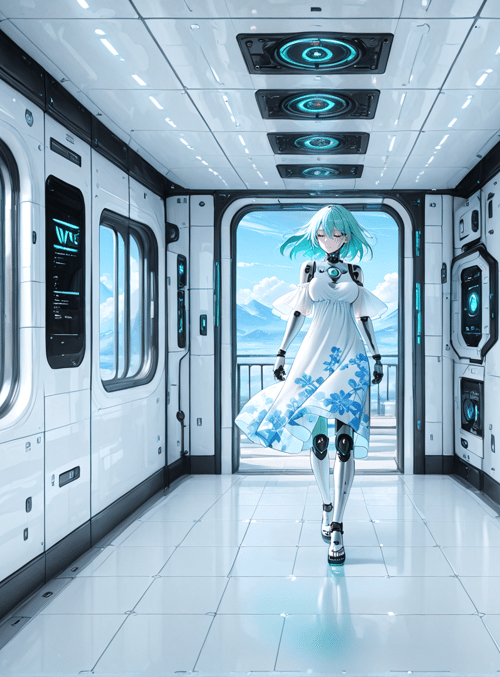 cyborg, girl, train, window, mountain, cityscape, dress, robot, corridor, door