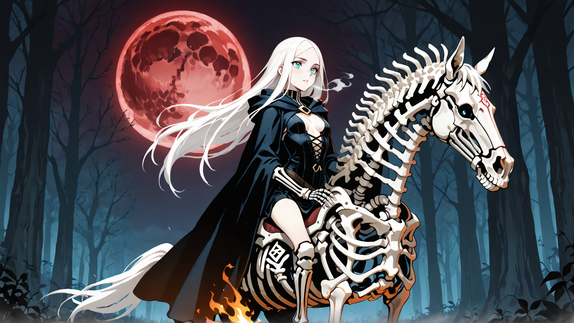 AI generated wallpaper featuring woman, skeleton horse, forest, red moon