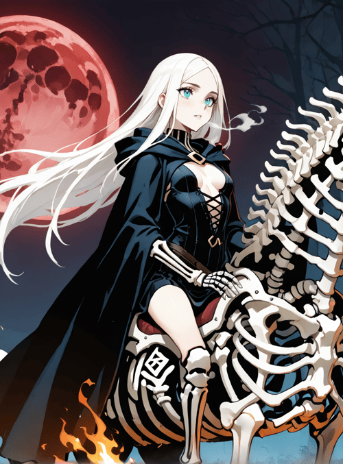 woman, skeleton horse, forest, red moon