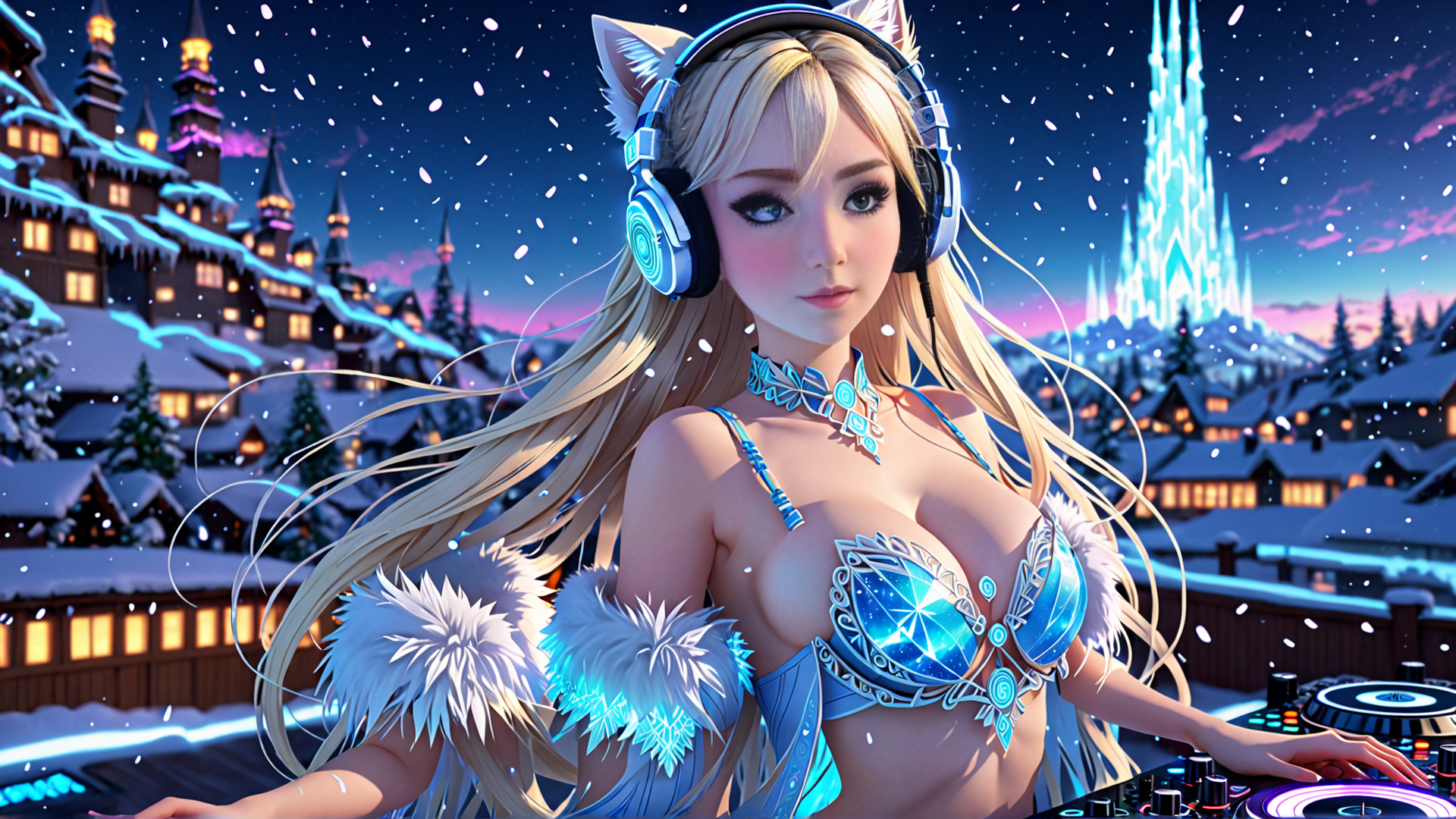 AI generated wallpaper featuring dj, cat ears, snowy village