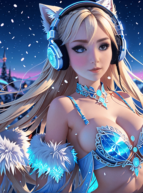 dj, cat ears, snowy village