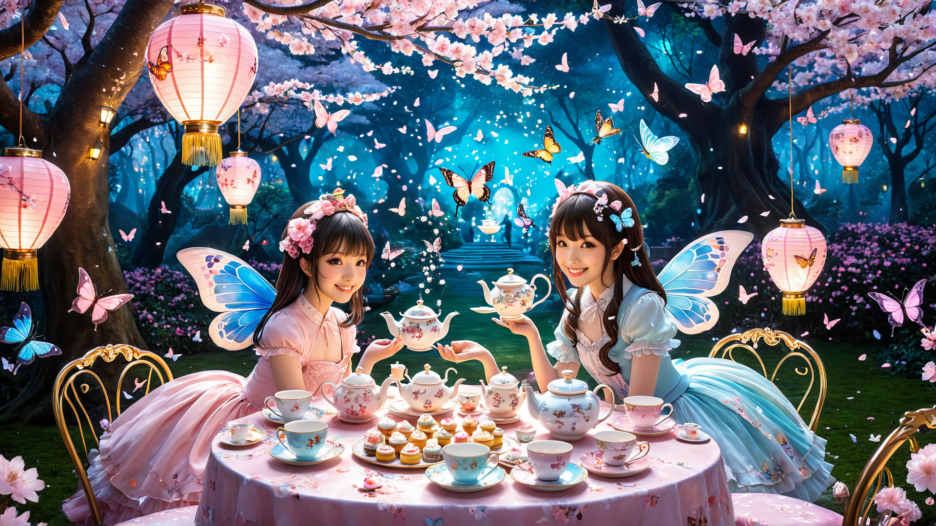 AI generated wallpaper featuring fairies, teatime, butterflies
