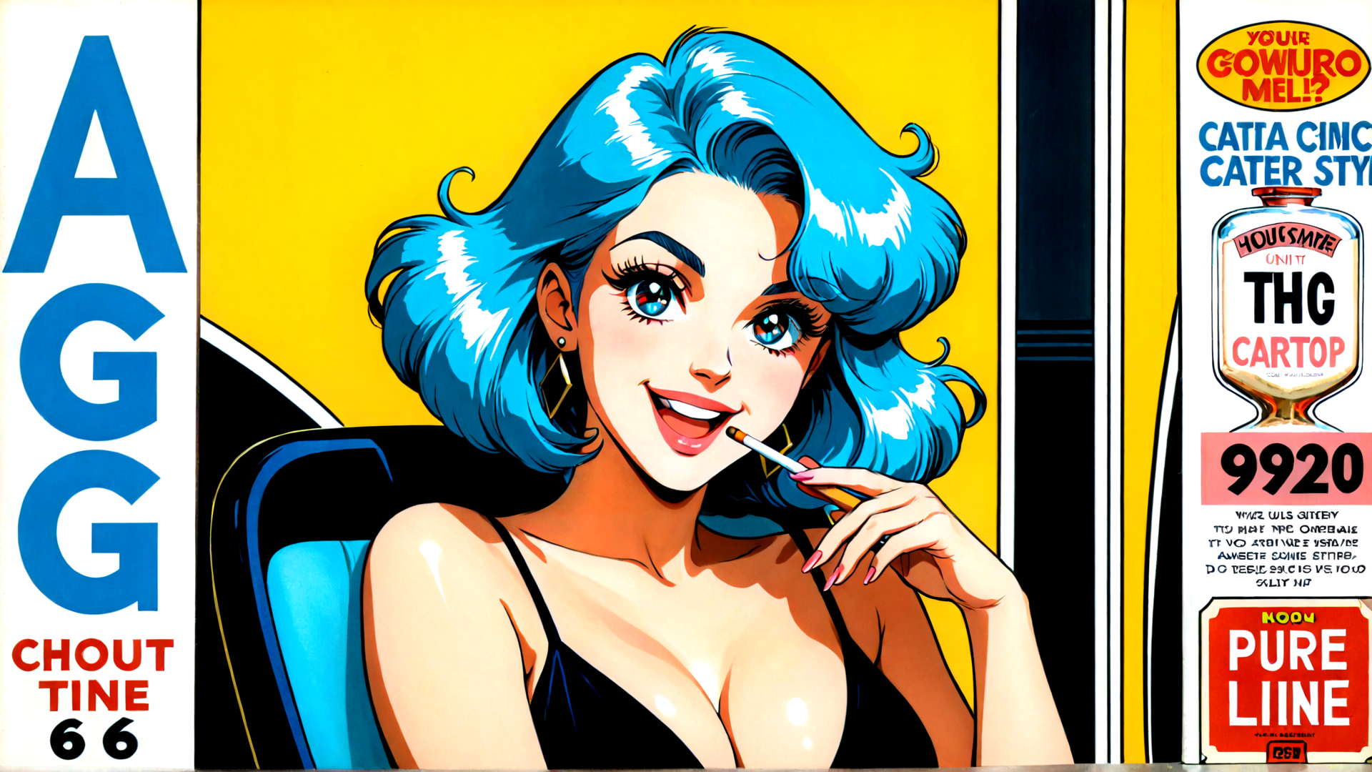 AI generated wallpaper featuring woman, cigarette, car seat, blue hair, earring, advertisement, vaporwave, text, thc, goggles