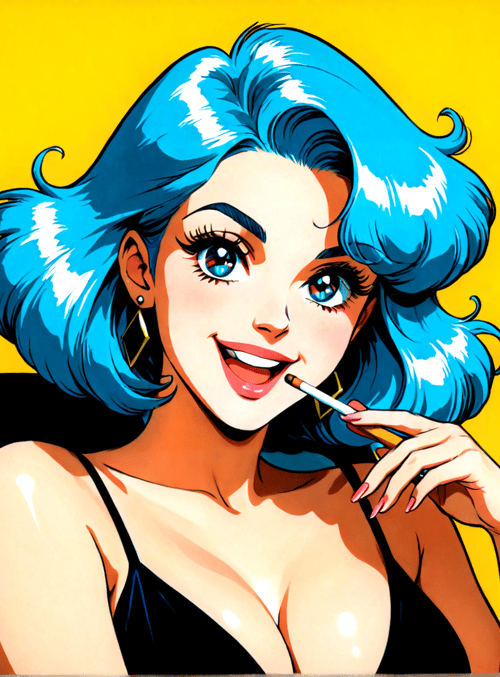 woman, cigarette, car seat, blue hair, earring, advertisement, vaporwave, text, thc, goggles