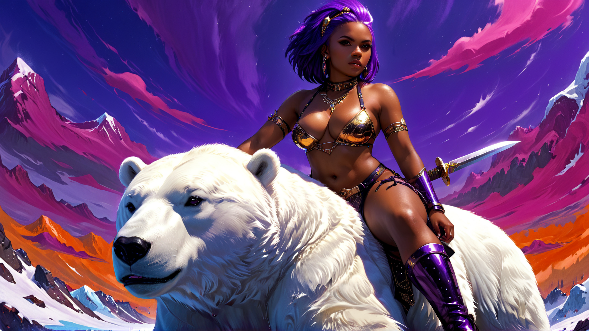 AI generated wallpaper featuring woman, polar bear, sword, armor, mountain