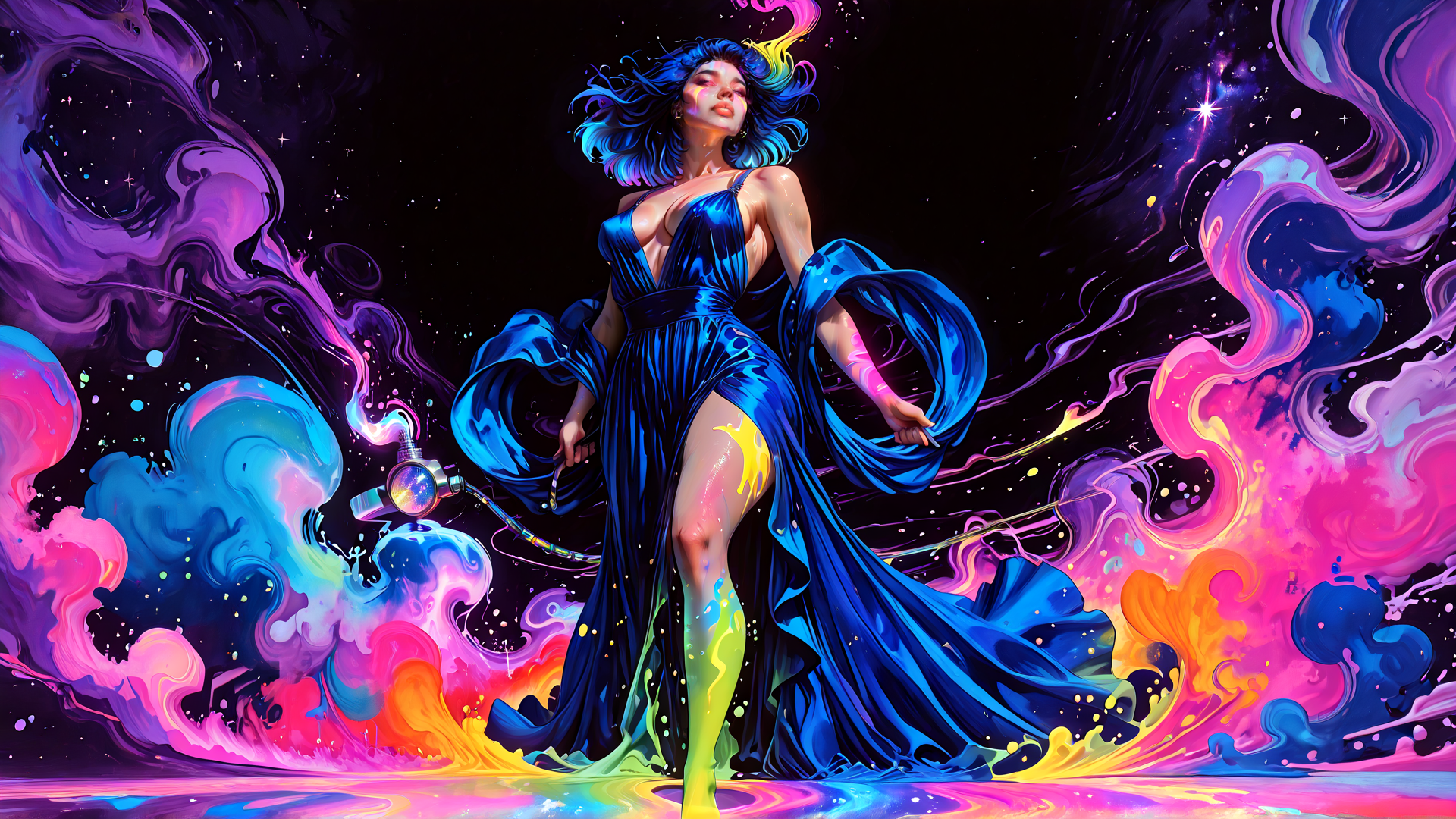 AI generated wallpaper featuring woman, dress, hair, paint, sweater, ink, stars, smoke, cosmos, scepter