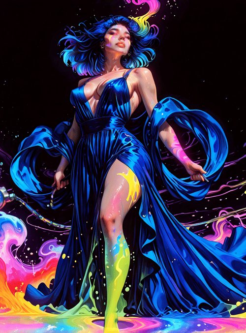 woman, dress, hair, paint, sweater, ink, stars, smoke, cosmos, scepter