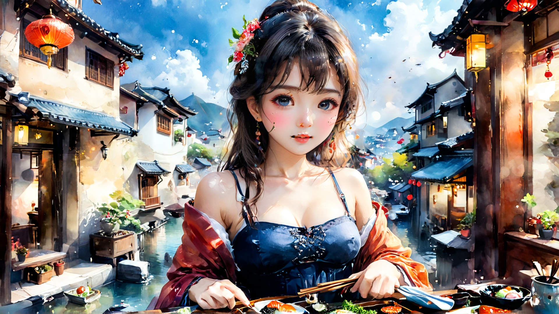 AI generated wallpaper featuring woman, chinese, street