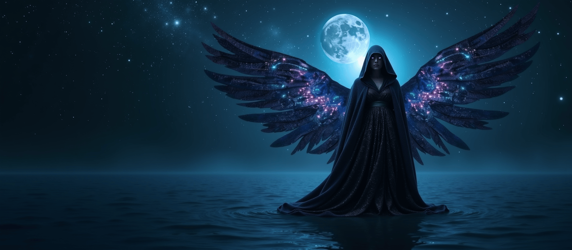 AI generated wallpaper featuring angel, moon, water