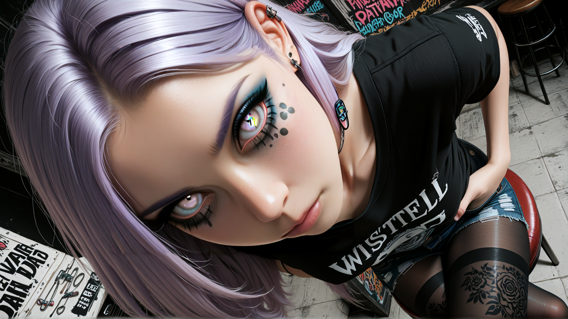AI generated wallpaper featuring woman, punk, girl, character, model, tattoo, hair, eye, ear, sock
