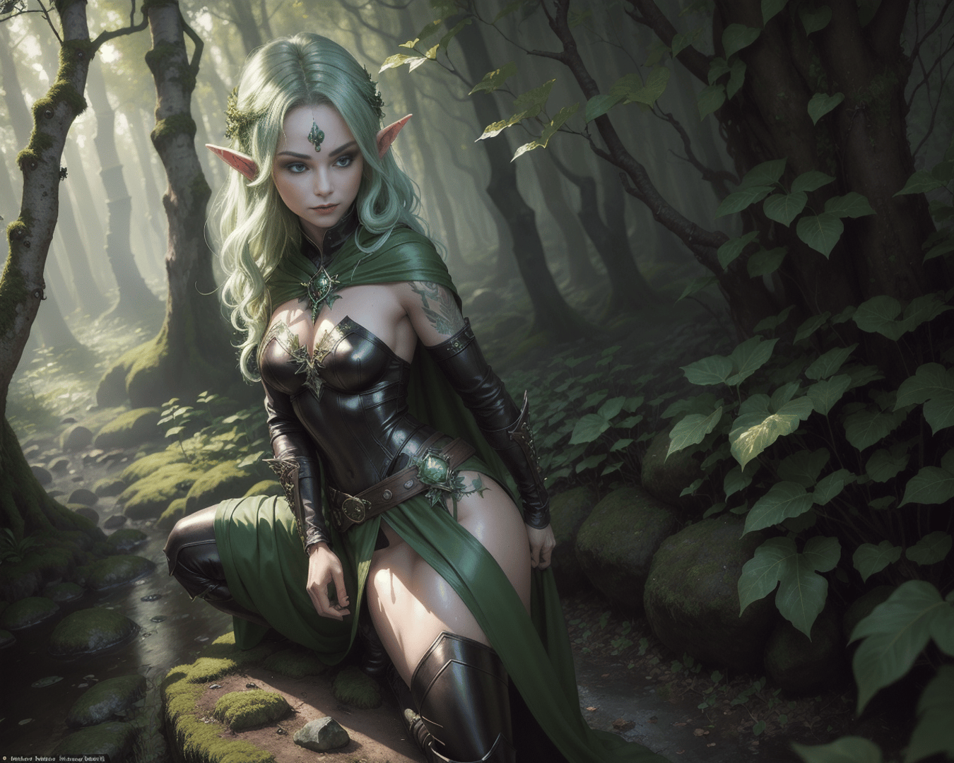 AI generated wallpaper featuring elf, forest, character