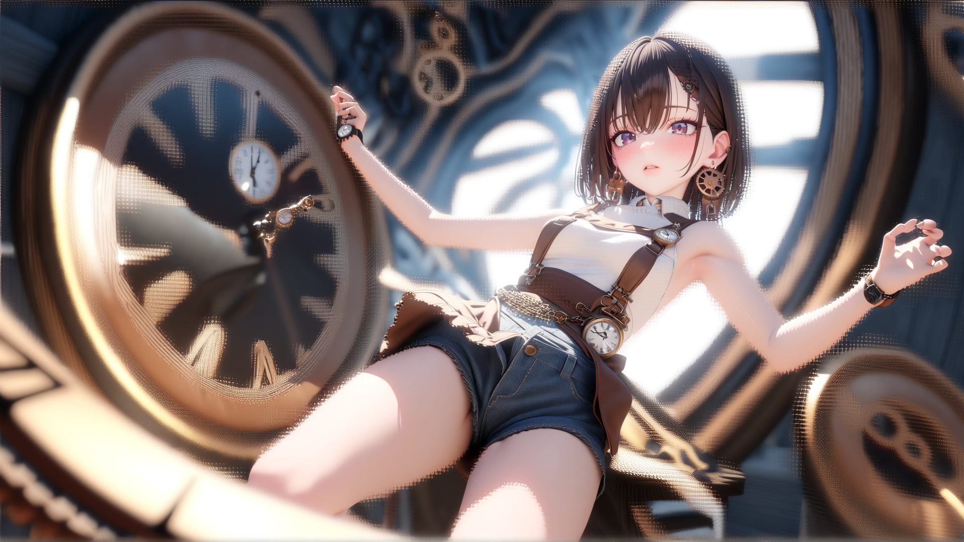 AI generated wallpaper featuring girl, clock, gears, watch, shorts, suspenders, earrings, wristwatch, steampunk, clockwork