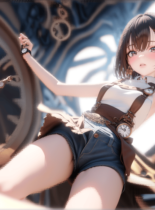 girl, clock, gears, watch, shorts, suspenders, earrings, wristwatch, steampunk, clockwork