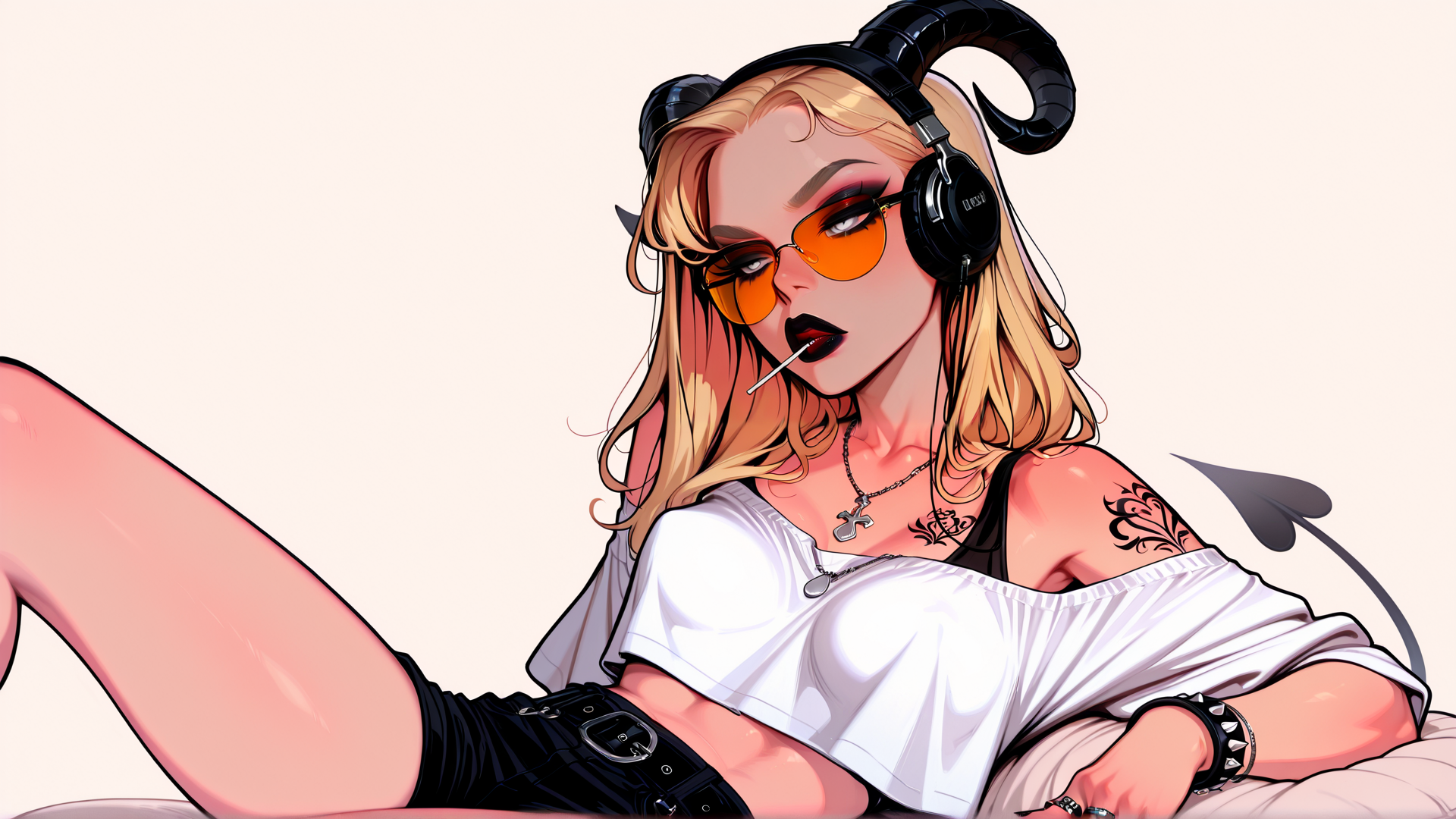 AI generated wallpaper featuring woman, devil, headphones, tattoo, sunglasses, cigarette, ankle, necklace, skirt, earphones