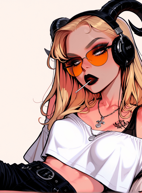 woman, devil, headphones, tattoo, sunglasses, cigarette, ankle, necklace, skirt, earphones