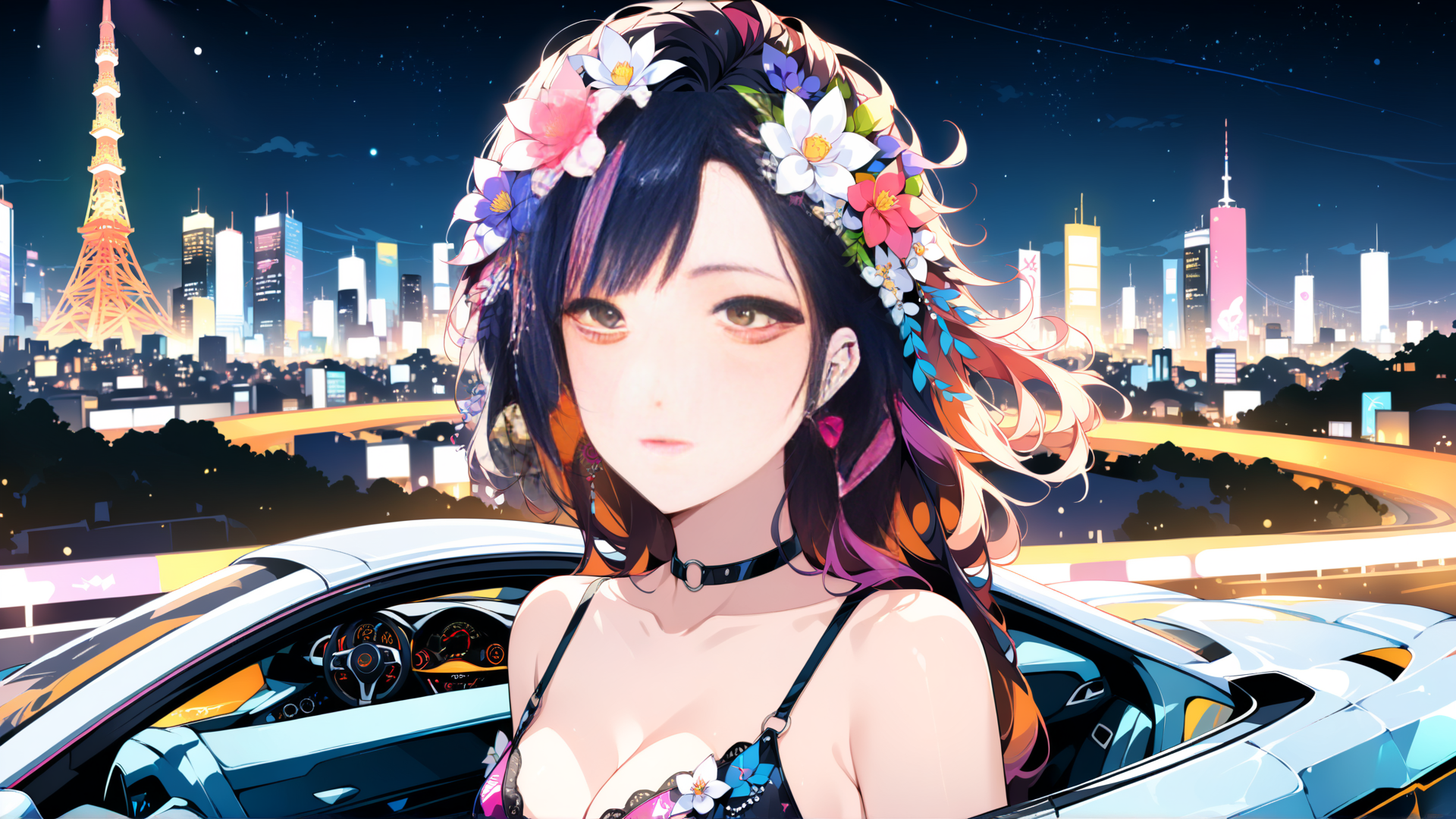 AI generated wallpaper featuring woman, car, cityscape