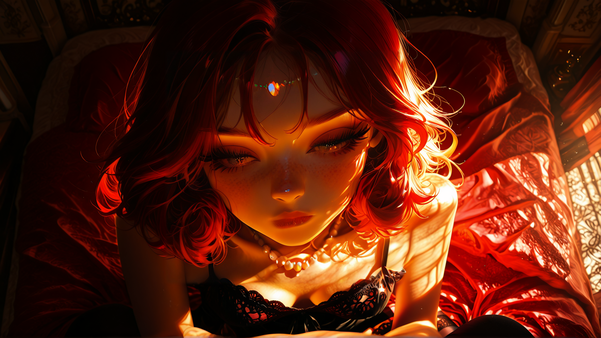 AI generated wallpaper featuring woman, bed, red hair, necklace, loungewear