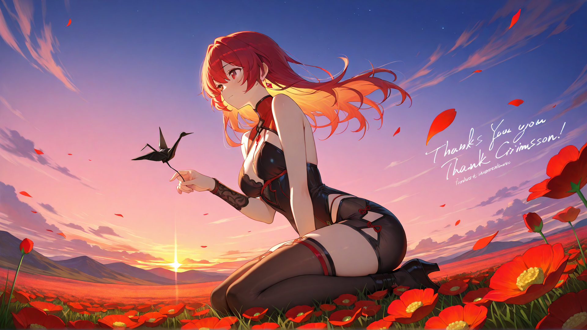 AI generated wallpaper featuring anime girl, crane, poppies