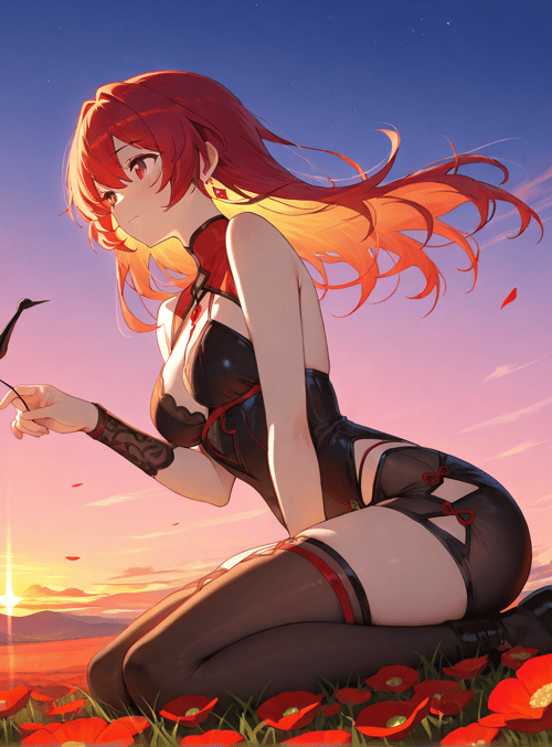 anime girl, crane, poppies