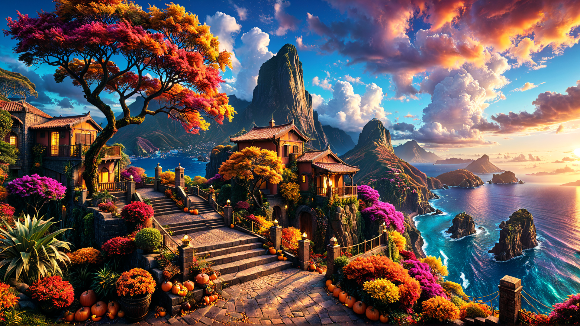 AI generated wallpaper featuring house, tree, mountain, sea, pumpkin