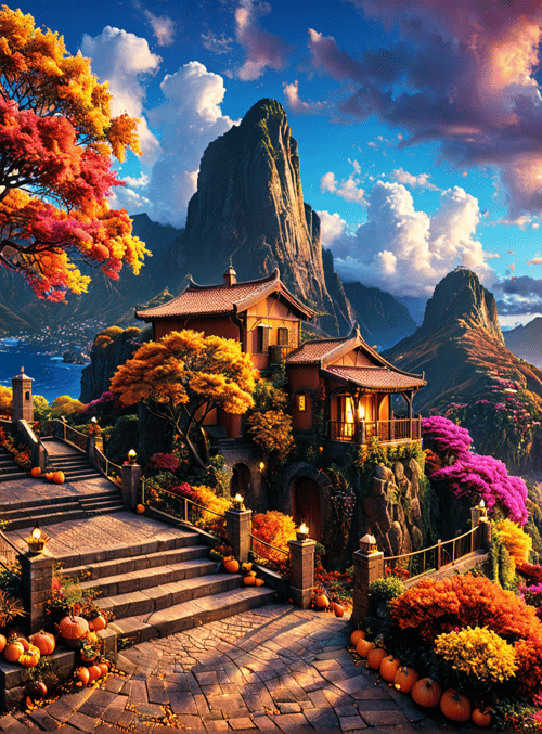 house, tree, mountain, sea, pumpkin