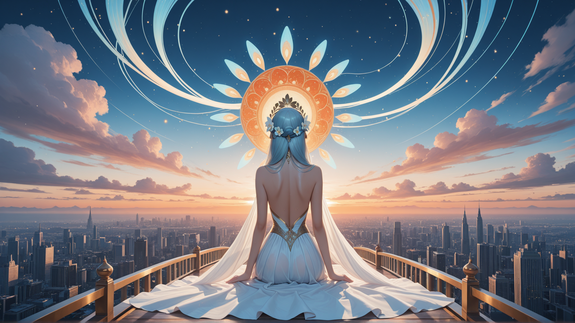 AI generated wallpaper featuring woman, cityscape, sunset, headdress, dress